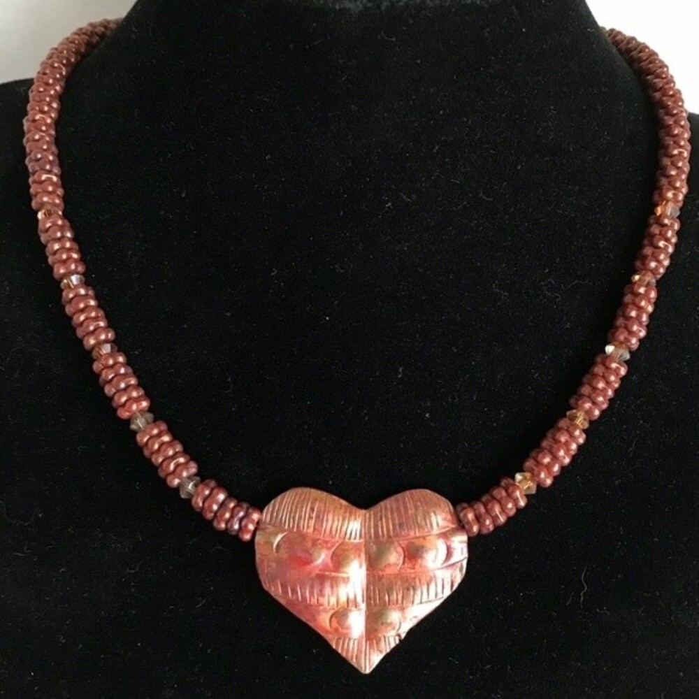 Vintage Copper Heart Choker Necklace Swarovksi Crystal Beads Approx 15” Toggle